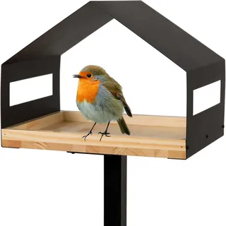 Wondermake Vogelhaus mit Ständer, aus Metall & Holz, wetterfest für Garten & Balkon , Schwarz , 40x117x40 cm , Dekoration, Gartendeko