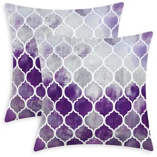 CaliTime Kissenbezüge Kissenhülle Cosy Kissenbezüge für Couch Bett Sofa manuell handbemalt bunt geometrischer Gitterkettendruck 45cm x 45cm Hauptgrau Lila Aubergine 2 Stück