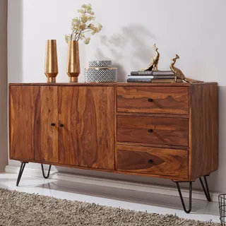 FineBuy Sideboard Sheesham Massivholz 145 cm 2 Türen & 3 Schubladen - Massive Retro Kommode Harlem Beine - Design Natur Anrichte - Handdustrial - Braun