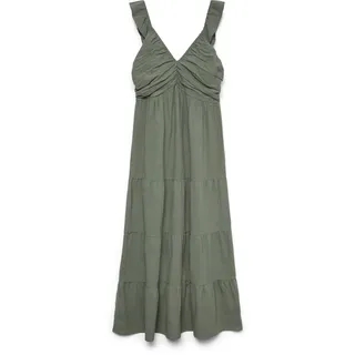 Maxikleid VERO MODA "VMDICTHE SL FRILL ANKLE DRESS WVN GA", Damen, Gr. M, N-Gr, laurel wreath, Web, Obermaterial: 100% Baumwolle, unifarben, regular fit knöchellang, V-Ausschnitt, Kleider Maxikleid, Baumwolle, regular fit