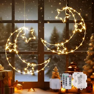 100 LED Sterne Weihnachtsbeleuchtung Fenster, 8 Modi Weihnachtsdeko Fenster mit Fernbedienung & Timer - Batterie Lichterkette Fenster Weihnachtsstern Fenster mit 2 Klebehaken für Innen Außen (2 Stück)