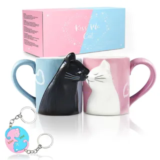 MengCat Katze Kaffee Paar Bechersatz, Keramik Teetassen Set, Kuss Hochzeit Becher für Braut und Bräutigam, Geschenk für Jubiläum, Engagement, Valentinstag, Geburtstag