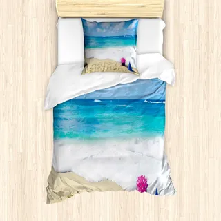 ABAKUHAUS Geburtstag Mantele, Alles Gute zum Geburtstag auf Sand, Milbensicher Allergiker geeignet mit Kissenbezügen, 135 cm x 200 cm - 80 x 80 cm, Blau Hellbraun Rosa - Rosa