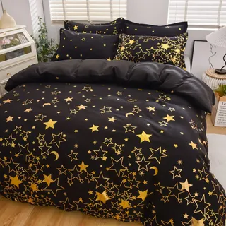 Freyamy Bettwäsche 200x200cm 3teilig Schwarz Gold Sterne Mond Glitzermuster Luxus Bettwaren-Sets Gebürstet Mikrofaser Wendebettwäsche Weiche Bettbezug mit Reißverschluss und 2 Kissenbezug 80x80cm