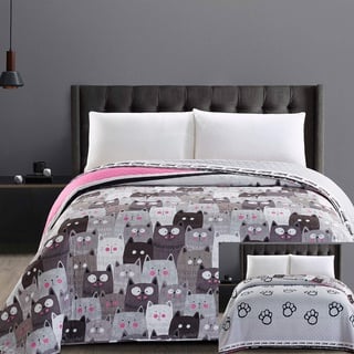 DecoKing 32329 Tagesdecke 170x210 cm Mikrofaser Bettüberwurf Steppung zweiseitig pflegeleicht beige Hellbraun kakaobraun braun grau Stahl anthrazit Grafit schwarz weiß rosa Katzen Cats' Invasion