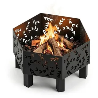 MetaloPro Hexa Farn Feuerschale sechseckig – Feuerstelle Garten 70 cm, 3 mm Stahl geschweißt, Lasercut Farn-Motiv, schwarz pulverbeschichtet, EU-Herstellung