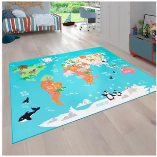 Paco Home Kinderteppich »Bino 564« rechteckig 4 mm Höhe Kurzflor, Motiv Weltkarte, Kinderzimmer, blau