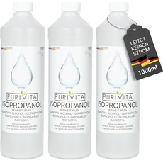 PURIVITA ISOPROPANOL – Reinigungsalkohol – 99,9% Reinigungskraft – Reiniger für Haushalt, Industrie, Elektronik – Entfettungs + Lösungsmittel – rückstandsfrei – nicht leitend – 3 x 1l