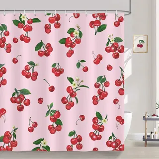 Bonhause Duschvorhang Rote Kirsche Rosa Frucht Aquarell Blätter Duschvorhänge 180 x 180 cm Anti-Schimmel Wasserdicht Polyester Stoff Waschbar Bad Vorhäng für Badzimmer mit 12 Haken