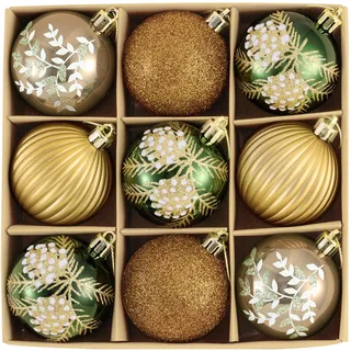 Valery Madelyn Weihnachtskugeln 9 Stücke 6CM Kunststoff Christbaumkugeln Weihnachtsdeko mit Aufhänger Weihnachtsbaumschmuck für Weihnachten Dekoration Wald Thema(Bronze Grün)