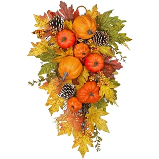 60cm Herbstkranz Künstlich Kürbis Blumenkranz Deko groß mit Tannenzapfen | Künstlich Türkranz für Haustür, Wände, Fenster, Kamin, Tisch Herbst Dekoration, Halloween Decor