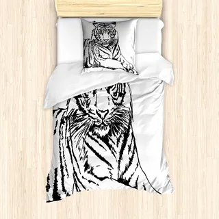 ABAKUHAUS Safari Mantele, Skizze der Tiger Afrikanische, Milbensicher Allergiker geeignet mit Kissenbezügen, 135 cm x 200 cm - 80 x 80 cm, Schwarz-Weiss - Schwarz