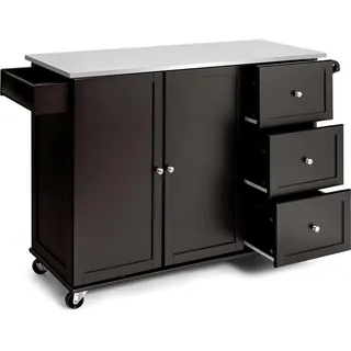 COSTWAY Küchenwagen mit Arbeitsplatte aus Edelstahl, Kücheninsel mit 3 Schubladen & verstellbarer Ablage & Handtuchhalter, Mobiler Servierwagen, Küchenschrank auf Rollen, Kücheninselwagen, Dunkelbraun - Braun