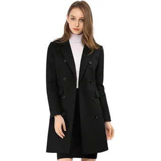 Allegra K Damen Langarm Wintermantel Umlegekragen Zweireiher Kammgarn Trenchcoat Mantel Schwarz XS
