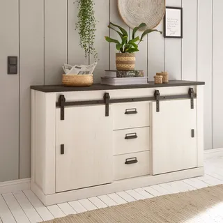 Home affaire Sideboard "Sherwood, Kommode im Industrial-Style, Schrank, Stauraumelement" mit Scheunentorbeschlag & Apothekergriffen, in 2 Farben erhältlich, pinie weiß dekor