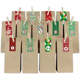 Adventskalender Set Muster Rot-Grün Streifen mit Papiertüten und Holzklam. Y067