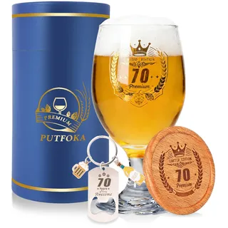 Putfoka Geschenke zum 70 Geburtstag Männ, Personalisierte Bierglas mit Gravur 410ml, 70 Bierglas Kreativer Schlüsselanhänger Untersetzer und Geschenkbox, Bier Geschenke, Deko 70. Geburtstag Mann
