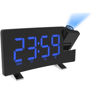 DollaTek Projektionswecker für Schlafzimmer Digitale Decke Radio Wecker mit Doppelwecker 4 Dimmer 180 ° drehbarer großer LED-Bildschirm - Schwarze Schale Blaues Wort