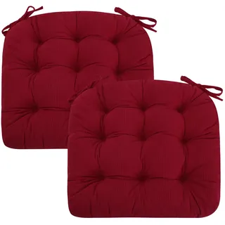 PRIMEPATIO 2er Set Stuhlkissen, 45x45x7 cm, Rot – Bequeme Sitzkissen aus Cordstoff und Kristallsamt mit Bindebändern, ideal für Esszimmer, Büro, Wohnzimmer und Gartenstühle, Hochwertige Füllung