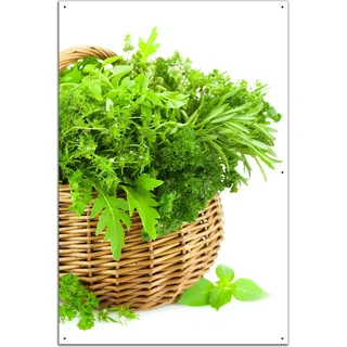 Wallario Outdoor-Poster für Garten oder Balkon, Motiv Korb voller Kräuter in der Küche, in ca. 61 x 91,50 cm - Weiß