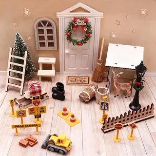 HNLMZ Wichteltür Zubehör Weihnachten Set,Wichtel Deko Holz Miniatur mit Baustelle Wichtelhaus Bastelset Für Weihnachten,Wichteltür Komplettset für DIY-Weihnachtsdekoration zu Hause
