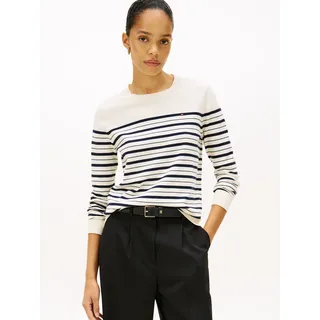 Rundhalspullover TOMMY HILFIGER "CO JERSEY STITCH LS C-NK SWT", Damen, Gr. XS (34), calico, schwarz night navy multi stp, Strick, Obermaterial: 67% Baumwolle, 33% Polyamid, gestreift, normal hüftlang, Rundhals, Bündchen, Pullover Rundhalspullover, mit Logostickerei