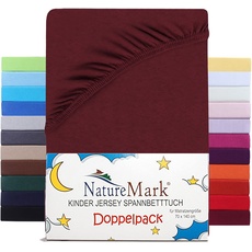 NatureMark 2er Set Kinder Spannbettlaken Jersey, Spannbetttuch 100% Baumwolle, für Babybett und Kinderbett | 70x140 cm - Bordeaux rot