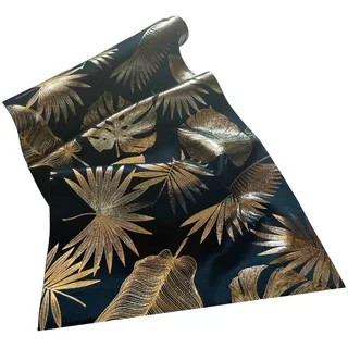 Modischer Tischläufer 28 x 150 cm Tischfahne schmales Tischtuch aus Samt mit goldenem Foliendruck (Petrol mit Blätter Mix)