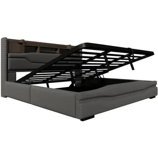 Stilvora Polsterbett 180/200 cm in Grau mit Bettkasten, LED und USB Leinen , Textil , 4 Fächer , 180x200 cm , Schlafzimmer, Betten, Polsterbetten