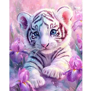 MAXBYE Malen Nach Zahlen Erwachsene, Weißer Tiger Paint by Numbers DIY Handgemalt Ölgemälde Kit, Rosa Blume Malen Nach Zahlen Leinwand Acrylfarben Painting Home Decor Geschenk, Ohne Rahmen 40x50cm