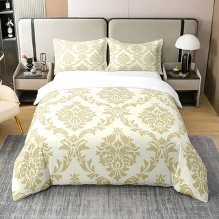 100% Gewaschene Baumwolle Gold Damast Bettwäsche Set 200x200,Antike Barock Vintage Floral Tröster Bezug,Klassische Blumen Bettbezug Teen Erwachsene,Elegante Europäische Kunst Stil Bequeme Quilt Cover