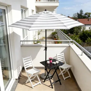 Sekey Balkonschirm Halbrund 270 cm – Sonnenschirm mit Kurbel, Marktschirm, UV50+ Sonnenschutz für Balkon, Garten, Hof, Café, Grau-weiß gestreift - Grau