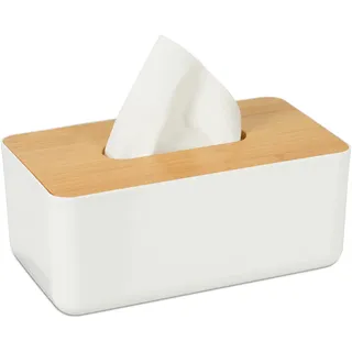 Relaxdays Tücherbox mit Deckel aus Bambus, fürs Bad, modernes Design, Kunststoff, H x B x T: 10 x 23 x 13 cm, weiß/natur