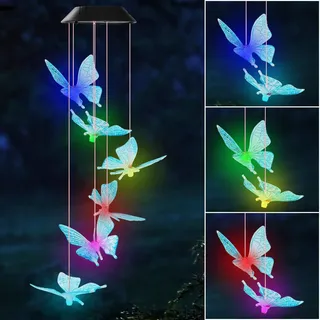 Hianjoo Solar Windspiel für Draußen Gartendeko, LED Solar Windspiele Schmetterling, Geburtstagsgeschenke für Frauen, Hängeleuchte Deko für Garten [Blau/Rot Farbe]