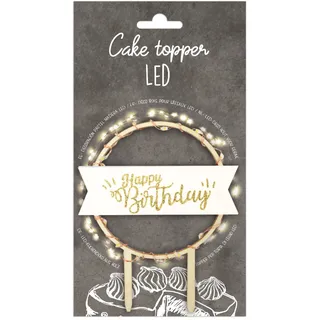ScrapCooking – Cake Topper LED "Happy Birthday" – beleuchtete Dekoration aus Holz für Kuchen, Torten, Gebäck, Kuchen & Desserts – Ornament für Partys – 4962 Weiß und Gold
