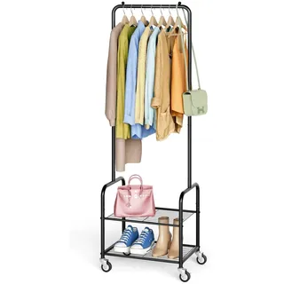 MISSLO klein kleiderständer mit ablage, Stabil Kleiderstange mit rollen, Schmal Metall Garderobenständer für Kleidung, Schuhe, Schlafzimmer, Mobile, Schwarz