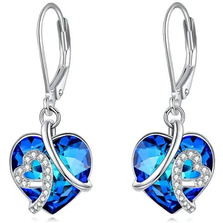 AOBOCO Herz Ohrringe Damen, 925 Sterling Silber Creolen baumeln mit Blau Kristallen, Geburtstag Geschenke für Frau Mutter