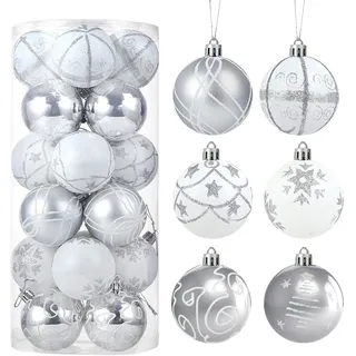 LIHAO 24 Stück Weihnachtskugeln Kunststoff Silber Baumkugeln 6 cm Christbaumschmuck Ornamente Weihnachten Deko