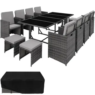 tectake Rattan Sitzgruppe Palma,zusammenschiebbar, inklusive Schutzhülle,grau/hellgrau , Kunststoff , Rechteckig , Gartenmöbel, Gartengarnituren, Gartenmöbel-Sets