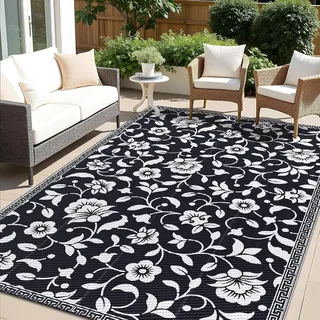 smiry Outdoor Teppich Wasserfest Balkon Camping Teppiche UV-beständig Waschbar Außenteppich Draussen Wendbarer für Terrasse, Garten, Wohnmobil - 120 x 180 cm, Schwarz & Weiß - Blumen Muster