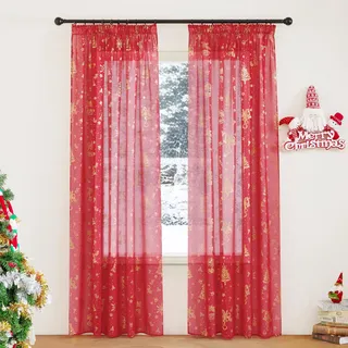 PONY DANCE Weihnachten Wohnzimmer Gardinen für Schienensystem 2er Set Rote Vorhänge mit Weihnachtsbaum Leinenoptik Vorhang Transparent Kräuselband Christmas Sheer Curtains, H 220 x B 140 cm