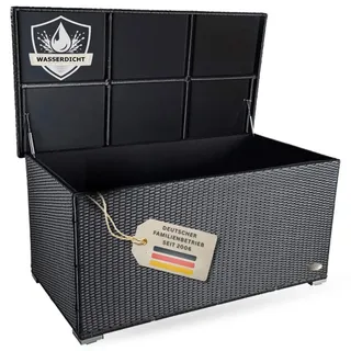 RS Trade Auflagenbox Wasserdicht XXL, 950l, Schwarz, Gartenbox, Aufbewahrungsbox Garten, Kissenbox Outdoor, Gartentruhe, Große Gartenkiste für Polster, Wetterfeste Garten-Aufbewahrung, Polyrattan