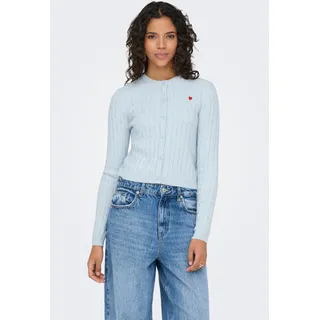 Strickjacke ONLY "ONLKATIA LS CABLE BUTTON CARDIGAN CC KNT", Damen, Gr. M, cashmere blau detail:mel, true rot heart emb, dtm button, Strick, Obermaterial: 50% Viskose, 27% Nylon, 23% Polyester, unifarben, regular fit normal, Rundhals, Strickjacken Strickjacke