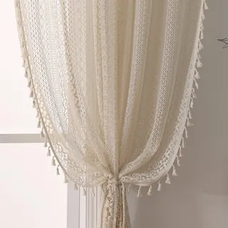 wazzio Boho-Häkelvorhänge, 274 cm lang, 2 Paneel-Sets im Bauernhausstil, Vintage, Geometrie, gestrickte Spitze, beigefarbene Vorhänge, Retro-Quasten, Vorhänge für Schlafzimmer, Bucht, Leinenfarben