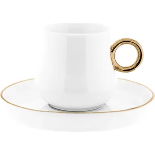 Mulex 12 Teiliger Set Mokkatassen mit Untertasse aus Porzellan Mokkaservice 100 ml Weiß/Gold - Weiß, Gold