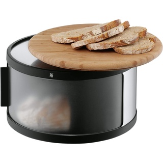 WMF Gourmet Brotkasten rund 32 x 13 cm, mit Schneidbrett , Brottrommel, Bambus, Cromargan Edelstahl, Kunststoff, schwarz