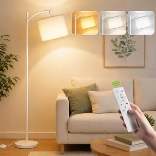 Torkase LED Bogenlampe Wohnzimmer, Dimmbare Stehlampe mit Stoffschirm, Retro Stehleuchte 2700K-6500K, 4 Farbtemperaturen & 10%-100% Helligkeit, Leselampe mit Pedalschalter Weiß