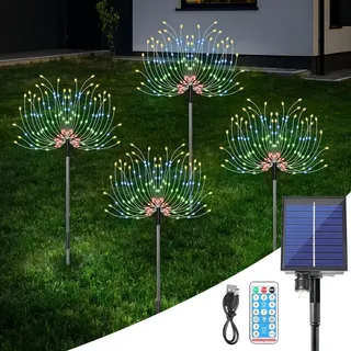 AGM Solar Feuerwerk Licht 4er mit 480 LED für den Außen IP65 Wasserdichtes Solar Feuerwerk Gartenleuchter, 4 Sensor Funktionen 8 Licht Modi mit Fernbedienung