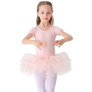 Bezioner Kinder Ballettkleidung Tütü Ballettkleid Mädchen Baumwolle Balletttrikot Kurzarm Ballettanzug Tanzbody mit Rock Rosa Offener Schritt mit Knopf 100
