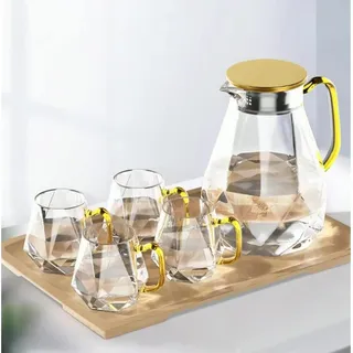 DUJUST Glaskaraffe 2 Liter Schwarz Diamant Design - Wasserkaraffe mit 4 Tassen/Eistee/Milch/Kaffee